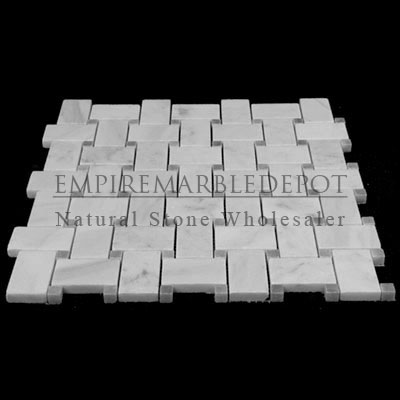 Carrara Marble Italian White Bianco Carrera Basketweave Mosaic Tile with Bardiglio Gray Dots Polished Carrara Marble Italian White Bianco Carrera Basketweave Mosaic Tile with Bardiglio Gray Dots Polished