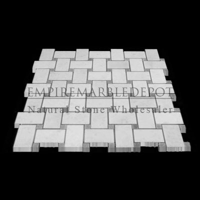 Statuary Crystal Marble Italian White Statuario Basketweave Mosaic Tile with Bardiglio Gray Dots Polished Statuary Crystal Marble Italian White Statuario Basketweave Mosaic Tile with Bardiglio Gray Dots Polished